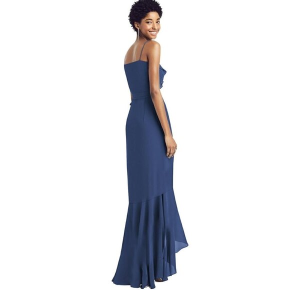 Dessy Collection Social Bridesmaids Blue 8198 Crepe Ruffled High Low Wrap Dress - Picture 7 of 7